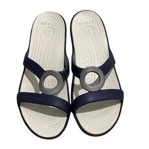 Womens Sanrah Metal Circle Crocs Navy & White Strappy Slide Sandals Size 8
